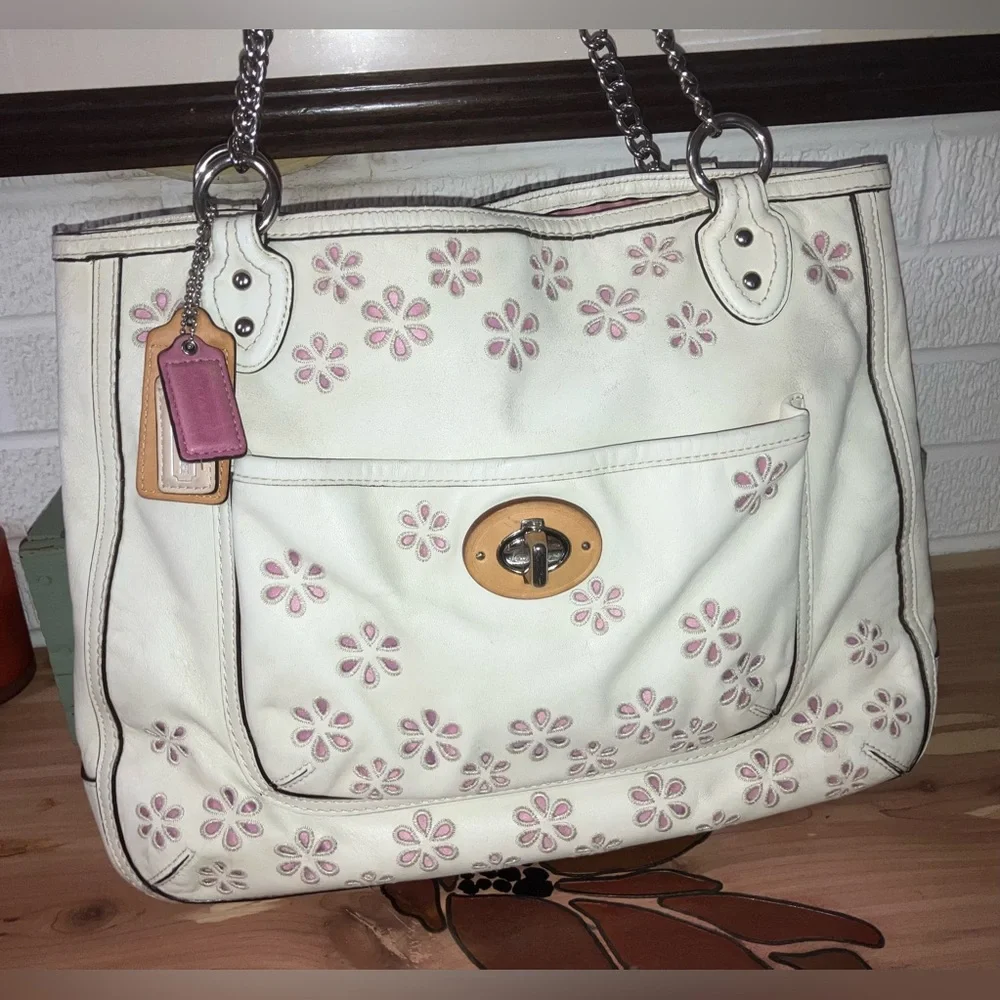 Coach Poppy Eyelet Leather Tote- Ivory - Picture 1 of 8